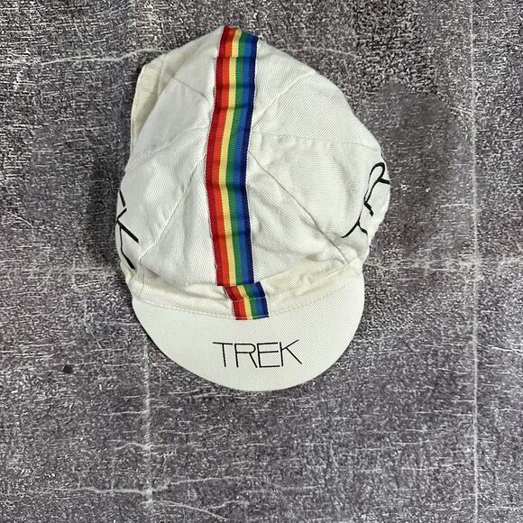 Men's Vintage 80's Trek Cycling White Rainbow Stripe Spell Out Biking Hat Cap - Picture 1 of 4